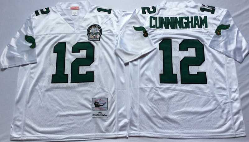 Eagles 12 Randall Cunningham White M&N Throwback Jersey